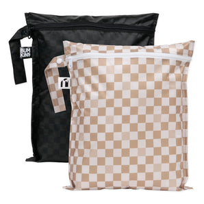 Bumkins Wet Bag 2 Pack: Sand and Black Check—2 waterproof bags, one black checkered & one tan checkered, with zipper closure and side handle.