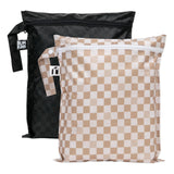 Bumkins Wet Bag 2 Pack: Sand and Black Check—2 waterproof bags, one black checkered & one tan checkered, with zipper closure and side handle.