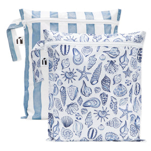 Roamio by Bumkins Wet Bag 2 Pack: Coastal—zippered, waterproof, reusable bags with stripes & sea creatures for travel.