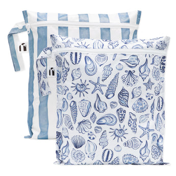 Roamio by Bumkins Wet Bag 2 Pack: Coastal—zippered, waterproof, reusable bags with stripes & sea creatures for travel.
