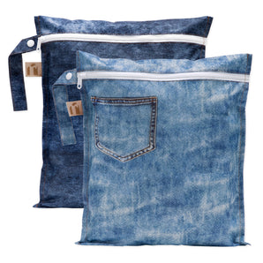 Roamio by Bumkins Wet Bag 2 Pack: Denim On Denim—waterproof, reusable bags with stylish tags and denim prints.