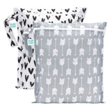 Bumkins Wet Bag 2 Pack: Gray Arrow and Hearts includes 2 zippered waterproof bags—one white with black hearts, one gray with white arrows.