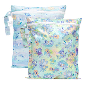 Bumkins Wet Bag 2 Pack: Disney Stitch Star-ring Up Trouble—colorful waterproof bags with blue & green tropical designs.