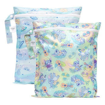Bumkins Wet Bag 2 Pack: Disney Stitch Star-ring Up Trouble—colorful waterproof bags with blue & green tropical designs.