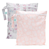 Bumkins Wet Bag 2 Pack: Floral and Lace includes 2 waterproof bags with floral patterns, zipper closure, and side handle.
