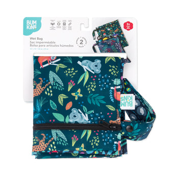 Bumkins Wet Bag 2 Pack: Jungle + Animal Prints is shown folded in its packaging.