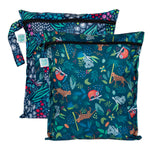 Bumkins Wet Bag 2 Pack: Jungle + Animal Prints includes 2 waterproof bags with animal and jungle prints, featuring sloths, koalas, and toucans.