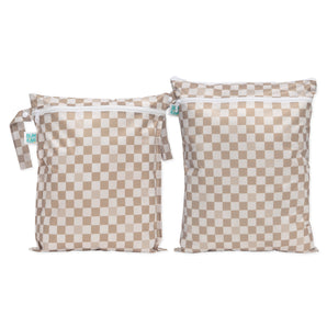 Two Sand Check Wet Bag + Wet/Dry Bag Set by Bumkins—beige/white checkered, great as packing essentials, shown on white.