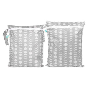 Bumkins Wet Bag + Wet/Dry Bag Set: Lunar Phase—2 gray eco-friendly, reusable bags with moon phase patterns for packing essentials.