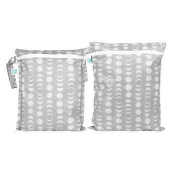 Bumkins Wet Bag + Wet/Dry Bag Set: Lunar Phase—2 gray eco-friendly, reusable bags with moon phase patterns for packing essentials.
