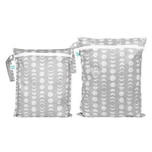 Bumkins Wet Bag + Wet/Dry Bag Set: Lunar Phase—gray bags with moon patterns & zippers, reusable and waterproof essentials.