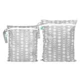 Bumkins Wet Bag + Wet/Dry Bag Set: Lunar Phase—gray bags with moon patterns & zippers, reusable and waterproof essentials.