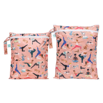 The Bumkins Wet Bag + Wet/Dry Bag Set: Yoga Pals—peach bags with women and dogs doing yoga, perfect for organized packing.