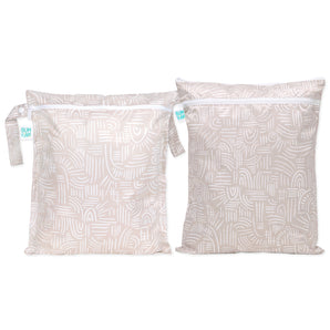 Bumkins Wet Bag + Wet/Dry Bag Set: Wander—eco-friendly, waterproof bags with zippers and white patterns for packing essentials.