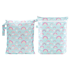 Bumkins Wet Bag + Wet/Dry Bag Set: Rainbow—two pastel blue waterproof bags with zippers, handles, and fun prints.