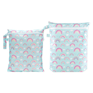 Bumkins Wet Bag + Wet/Dry Bag Set: Rainbow—pastel blue, water-resistant bags with cloud/rainbow print, zip closure & handle.