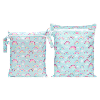 Bumkins Wet Bag + Wet/Dry Bag Set: Rainbow—2 pastel blue waterproof bags with cloud & rainbow prints and zipper closures.