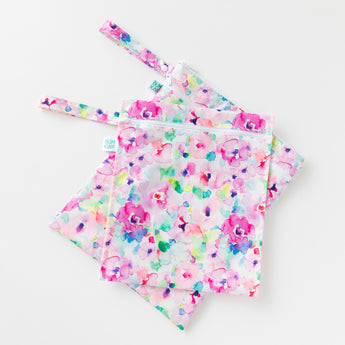 Bumkins Wet Bag + Wet/Dry Bag Set: Watercolor lays stacked on a white background.