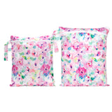 Bumkins Wet Bag + Wet/Dry Bag Set: Watercolor—2 waterproof zippered bags with a colorful watercolor floral design.