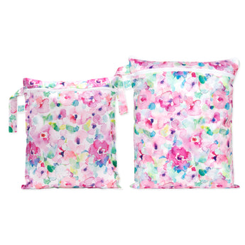 Bumkins Wet Bag + Wet/Dry Bag Set: Watercolor—2 waterproof zippered bags with a colorful watercolor floral design.