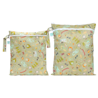 Bumkins Wet Bag + Wet/Dry Bag Set: Camp Gear—2 green waterproof bags with camping-themed illustrations and zipper closures.