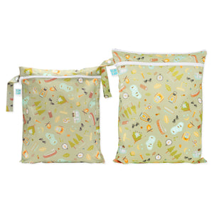 The Bumkins Wet Bag + Wet/Dry Bag Set: Camp Gear features fun camping prints—perfect essentials for your next adventure.