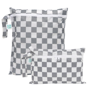 Bumkins Wet Bag + Wet/Dry Clutch Set: Charcoal Check includes two gray & white checkered waterproof bags with white zippers.