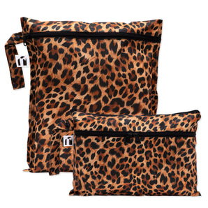 Roamio by Bumkins Wet Bag + Wet/Dry Clutch Set: Leopard—two leopard print waterproof bags with zipper closures.