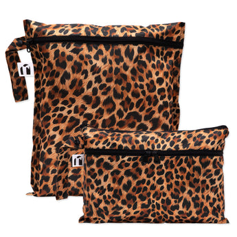 Roamio by Bumkins Wet Bag + Wet/Dry Clutch Set: Leopard—two leopard print waterproof bags with zipper closures.