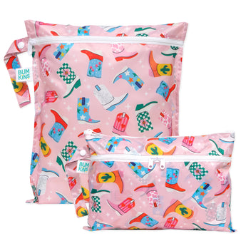 Bumkins Wet Bag + Wet/Dry Clutch Set: Boots includes 2 waterproof pink bags with a cowboy boot design and zippers.