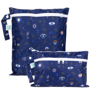 Bumkins Wet Bag + Wet/Dry Clutch Set: Evil Eye includes 2 dark blue waterproof bags with mystical symbols, eyes, moons & stars with zippers.
