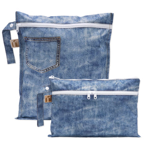 Roamio by Bumkins Wet Bag + Wet/Dry Clutch Set: Denim On Denim—two zippered bags made of denim patterned waterproof fabric.