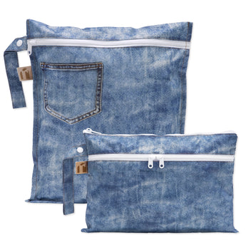 Roamio by Bumkins Wet Bag + Wet/Dry Clutch Set: Denim On Denim—two zippered bags made of denim patterned waterproof fabric.