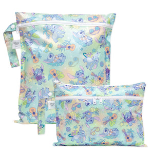 Bumkins Wet Bag + Wet/Dry Clutch Set: Disney Aloha Stitch includes 2 waterproof pastel bags with a tropical Stitch motif.