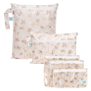 Bumkins Palm Daze 3-pack set: Wet Bag, Wet/Dry Clutch, and Clear Travel Bag—eco-friendly essentials for any trip.