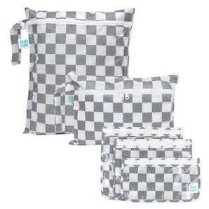 Bumkins Wet Bag + Wet/Dry Clutch + Clear Travel Bag 3 Pack Set in Charcoal Check, perfect for travel, shown on a white background.