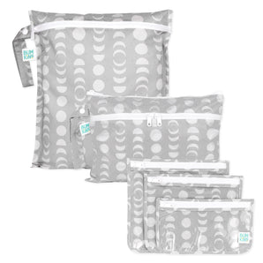 Bumkins Lunar Phase 3-pack set includes gray wet bags and clutch with white zippers—ideal for travel and packing essentials.