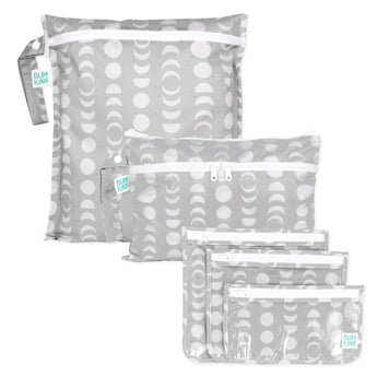 Bumkins Lunar Phase 3-pack set includes gray wet bags and clutch with white zippers—ideal for travel and packing essentials.