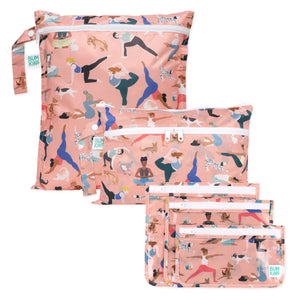 Bumkins Yoga Pals 3 Pack: Wet Bag, Wet/Dry Clutch & Clear Travel Bag—peach print, perfect for travel or organizing essentials.