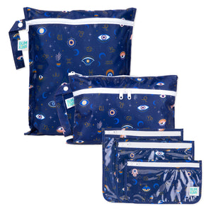Bumkins Evil Eye Wet Bag, Wet/Dry Clutch, & Clear Travel Bag 3-pack—eco-friendly travel essentials with mystical designs.