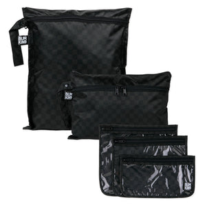 Bumkins Wet Bag + Wet/Dry Clutch + Clear Travel Bag 3 Pack Set in Rich Black—stylish, clear-front travel essentials.