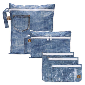 Roamio by Bumkins The Commuter Deluxe 5-Piece Set: Denim On Denim—5 zippered bags made of denim patterned waterproof fabric.
