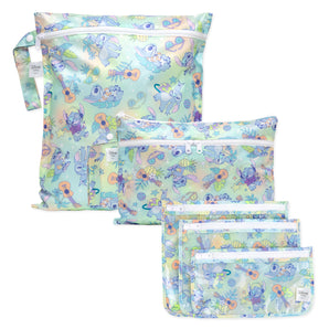 Bumkins The Chaos Coordinator Deluxe 5-Piece Set: Disney Aloha Stitch features pastel zippered pouches with Stitch designs in assorted sizes.