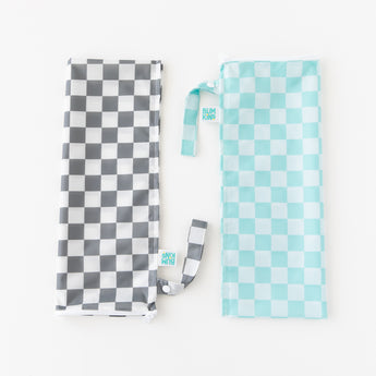 Bumkins Wet Bag Plus 2 Pack: Mint + Charcoal Check lays folded on a white background.