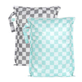 Bumkins Wet Bag Plus 2 Pack: Mint + Charcoal Check includes 2 checkered waterproof bags in gray & teal with zipper closures and side handles.