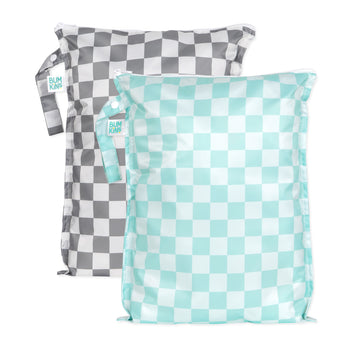 Bumkins Wet Bag Plus 2 Pack: Mint + Charcoal Check includes 2 checkered waterproof bags in gray & teal with zipper closures and side handles.