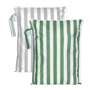 Bumkins Wet Bag Plus 2 Pack: Green + Gray Stripe includes 2 striped waterproof bags in green & gray with zipper closures and side handles.
