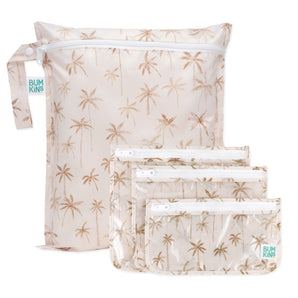 Stay stylish with the Bumkins Palm Daze set: 3 wet/clear travel bags + packable tote—perfect for waterproof, on-the-go essentials.
