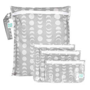 Bumkins Wet Bag + Clear Travel Bag 3 Pack + Packable Tote Set in Lunar Phase—stylish, reusable travel essentials.