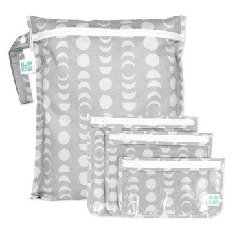Bumkins Wet Bag + Clear Travel Bag 3 Pack + Packable Tote Set in Lunar Phase—stylish, reusable travel essentials.